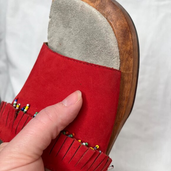 Rampage Womens y2k Red Suede Beaded Fringe Wood Clog Slide Sandals Size 7 - Picture 9 of 10